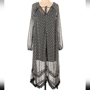 NWT A La Plage Black Combo Boho Long Sleeve Semi Sheer Tie Neck Coverup Dress